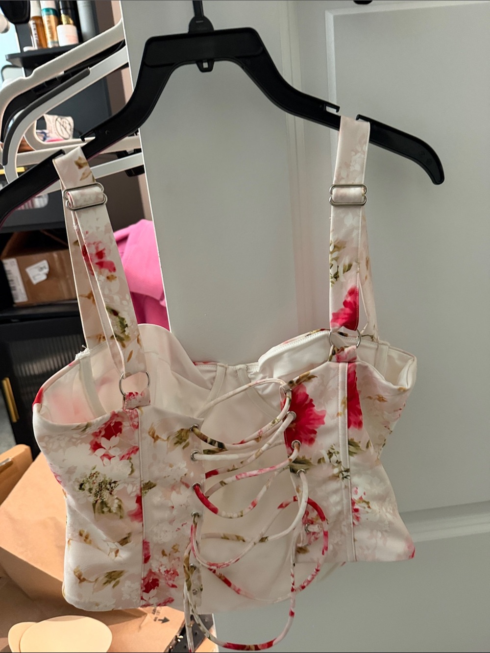 White Fox Boutique Floral Bustier Crop Top in White and Pink - Picture 2 of 2